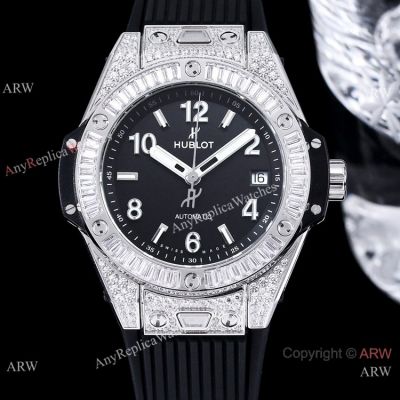 New! Swiss Hublot One Click White Pave Diamond Black Dial Watch